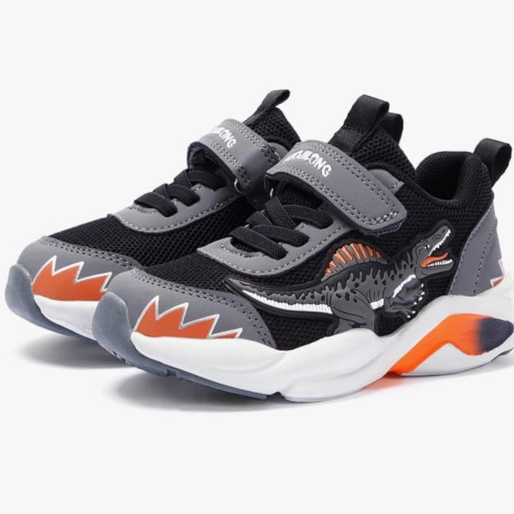 Kids Dinosaur Sneakers - Black, Gray, and Orange